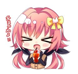 Rule 34 | &gt; &lt;, 1girl, black ribbon, blush stickers, bow, cat hair ornament, chibi, chibi only, commentary request, cup, drink, facing viewer, glass, hair between eyes, hair bow, hair intakes, hair ornament, hair ribbon, hakugan, hamidashi creative, highres, holding, holding cup, long hair, low twintails, open mouth, pink hair, ribbon, smile, solo, tokiwa kano, translated, twintails, upper body, white background, yellow bow