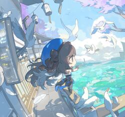 Rule 34 | 1girl, arm strap, bandages, bird, black gloves, black hair, blue dress, blue headwear, blue sky, brown eyes, building, chibi, closed mouth, cloud, dress, feathers, fucurouuu, gloves, hair between eyes, highres, lake, lantern, multicolored hair, outdoors, ribbon, sky, solo, standing, tree, village, white hair, wuthering waves, yangyang (wuthering waves)