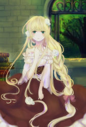Rule 34 | 1girl, aoi aiko, bare shoulders, blonde hair, book, braid, corset, dress, flower, frills, gosick, green eyes, hair flower, hair ornament, hair ribbon, hand on own chest, highres, indoors, long hair, looking at viewer, parted lips, ribbon, sitting, solo, tree, very long hair, victorica de blois, window