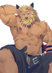 Rule 34 | 1boy, abs, animal ears, armpit hair, armpits, bara, black shorts, blonde hair, blue eyes, brown fur, bulge, digimon, digimon (creature), feet out of frame, furry, furry male, highres, large pectorals, leomon, lion boy, lion ears, looking at viewer, male focus, male underwear, male underwear peek, mature male, muscular, muscular male, navel, nipples, pectorals, scar, scar on arm, seato-hao, short hair, shorts, solo, stomach, thick thighs, thighs, topless male, tusks, underwear, unzipped