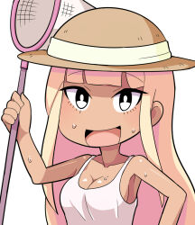 Rule 34 | 1girl, black eyes, blunt bangs, blush, breasts, bright pupils, brown hat, butterfly net, cleavage, commentary request, hand net, hat, holding, holding butterfly net, hospital king, katou asuka, large breasts, long hair, looking at viewer, medium bangs, open mouth, pink hair, simple background, smile, solo, straw hat, sweat, tan, tank top, upper body, watashi ga motenai no wa dou kangaetemo omaera ga warui!, white background, white pupils, white tank top