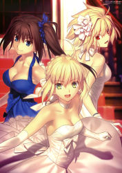 Rule 34 | 00s, 3girls, absurdres, ahoge, alternate costume, antenna hair, aozaki aoko, arcueid brunestud, artoria pendragon (all), artoria pendragon (fate), asymmetrical hair, bare shoulders, blonde hair, blue dress, blue eyes, breasts, brown hair, choker, cleavage, collarbone, company connection, creator connection, dress, elbow gloves, evening gown, fate/stay night, fate (series), gloves, green eyes, halterneck, highres, koyama hirokazu, large breasts, long hair, looking at viewer, looking back, mahou tsukai no yoru, multiple girls, open mouth, red eyes, saber (fate), scan, short hair, side ponytail, smile, strapless, strapless dress, takeuchi takashi, tsukihime, type-moon, white dress, white gloves