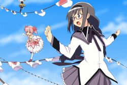 Rule 34 | 10s, 3girls, akemi homura, black hair, boots, braid, bubble skirt, choroko (chorokoto), clothesline, collar, detached sleeves, glasses, gloves, hair ribbon, hairband, kaname madoka, long hair, magical girl, mahou shoujo madoka magica, mahou shoujo madoka magica (anime), multiple girls, nishima amane, open mouth, pink eyes, pink hair, pleated skirt, purple eyes, red-framed eyewear, ribbon, shoes, short twintails, skirt, spoilers, thighhighs, tomoe mami, twin braids, twintails, witch&#039;s labyrinth, zettai ryouiki