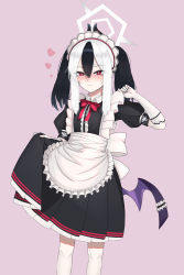Rule 34 | 1girl, absurdres, alternate costume, alternate hairstyle, apron, black hair, black shirt, black skirt, blue archive, blush, bow, bowtie, center frills, closed mouth, collared shirt, elbow gloves, enmaided, feet out of frame, frills, gloves, hair between eyes, halo, heart, highres, horns, hotta karasi, kayoko (blue archive), low wings, maid, maid apron, maid headdress, multicolored hair, pink background, pleated skirt, puffy short sleeves, puffy sleeves, red bow, red bowtie, red shorts, shirt, short sleeves, shorts, simple background, skirt, skirt hold, solo, standing, sweatdrop, twintails, two-tone hair, white gloves, white hair, wings