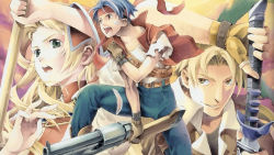 Rule 34 | 1girl, 2boys, angry, bandages, belt, blonde hair, blue hair, boots, breasts, brown eyes, cecilia lynne adelhyde, coat, cowboy boots, denim, full body, gloves, green eyes, gun, headband, highres, jack van burace, jeans, jewelry, kneeling, long hair, multiple boys, official art, ooba wakako, open mouth, pants, rody roughnight, scan, scan artifacts, short hair, smile, sword, vest, wand, weapon, wild arms, wild arms 1