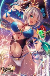 Rule 34 | 1girl, aqua eyes, bare shoulders, breasts, cloud, copyright name, cup, drinking glass, drinking straw, feathers, flower, food, fruit, fukai ryosuke, grand sphere, hat, holding, large breasts, logo, looking at viewer, navel, one eye closed, open mouth, outdoors, palm tree, sky, smile, solo, splashing, sunset, swimsuit, thigh strap, tree, water, white hair