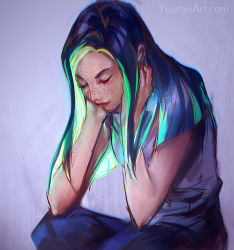 Rule 34 | 1girl, blue hair, closed eyes, closed mouth, elbows on knees, freckles, long hair, multicolored hair, original, purple background, red lips, sitting, sketch, solo, streaked hair, third-party source, watermark, web address, yuumei