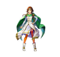 Rule 34 | 1girl, absurdres, asatani tomoyo, boots, bracelet, bridal gauntlets, brown eyes, brown hair, brown thighhighs, cape, circlet, closed mouth, commentary request, dress, fire emblem, fire emblem: thracia 776, fire emblem heroes, full body, gold trim, green cape, highres, jewelry, long hair, long sleeves, looking at viewer, miranda (fire emblem), nintendo, official art, pelvic curtain, shiny clothes, smile, standing, thighhighs, white background, white footwear