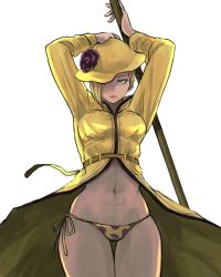 Rule 34 | 1girl, 6maker, abs, absurdres, arms up, bare legs, blonde hair, blue eyes, breasts, coat, falke (street fighter), flower, hair over one eye, hat, hat flower, highres, holding, holding polearm, holding weapon, navel, no pants, official alternate costume, open clothes, open coat, panties, pantyshot, pink lips, polearm, polka dot, polka dot panties, raincoat, raincoat lift, short hair, side-tie panties, small breasts, solo, staff, standing, street fighter, street fighter v, thigh gap, toned, underwear, weapon, wide hips, wind, wind lift, yellow hat, yellow panties