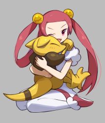 Rule 34 | 1girl, ;d, abra, affectionate, asagi1111, blush, commentary request, creatures (company), game freak, gen 1 pokemon, grey background, hair bobbles, hair ornament, hair rings, highres, holding, holding pokemon, hug, long hair, mira (pokemon), nintendo, one eye closed, open mouth, pantyhose, pink eyes, pink hair, pokemon, pokemon (creature), pokemon dppt, pokephilia, red footwear, red shorts, shirt, shoes, short sleeves, shorts, simple background, sitting, smile, tongue, white pantyhose, white shirt