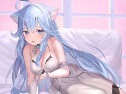 Rule 34 | 1girl, ahoge, animal ear fluff, animal ears, bare shoulders, black bra, blue eyes, blue hair, bra, breast hold, breasts, brooch, cat ears, cleavage, closed mouth, dress, fang, highres, indie virtual youtuber, jewelry, kanase ito, long hair, looking at viewer, medium breasts, sitting, sleeveless, sleeveless dress, solo, spaghetti strap, string bra, tongue, tongue out, underwear, very long hair, virtual youtuber, white dress, zukan (db tyoutyo)