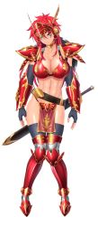 Rule 34 | 1girl, armor, bikini armor, blue eyes, breasts, cleavage, closed mouth, collar, feet, full body, game cg, hand on own hip, helmet, highres, huracan, kyonyuu onna senshi dogeza saimin, large breasts, legs, long hair, looking at viewer, navel, original, pelvic curtain, red armor, red hair, sash, shoulder pads, sidelocks, smile, solo, standing, stella fons, sword, thighhighs, thighs, toned, transparent background, weapon