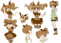 Rule 34 | 1girl, :d, = =, bare shoulders, blush, boots, bow, brown eyes, brown hair, cosplay, creatures (company), dual persona, eevee, eevee (cosplay), eeveelution project, fur trim, game freak, gen 1 pokemon, gloves, hair ribbon, hanakawa ran, jumping, looking at viewer, looney bear, loony bear, magical girl, nintendo, npc trainer, official art, open mouth, original, parted lips, personification, pokemon, pokemon breeder (pokemon), ribbon, short twintails, simple background, skirt, smile, standing, thighhighs, twintails, white background, zettai ryouiki