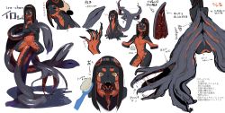 Rule 34 | 1girl, absurdres, black hair, black skin, blunt bangs, breasts, brown eyes, character name, character sheet, colored skin, disembodied limb, female focus, highres, iro-chan, koiso erika, long hair, long tail, monster girl, multicolored hair, multicolored skin, navel, no nipples, one eye closed, open mouth, original, parted lips, red skin, shiny skin, simple background, slime (substance), small breasts, solo, tail, tail stand, teeth, tentacles, tongue, tongue out, white background