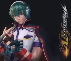 Rule 34 | 1boy, absurdres, aura, bad id, bad pixiv id, bandages, black background, copyright name, fingerless gloves, gloves, green hair, headphones, highres, jacket, jacket on shoulders, male focus, necktie, red eyes, shun&#039;ei, simple background, solo, the king of fighters, the king of fighters xiv, toxicface