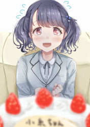 Rule 34 | 1girl, absurdres, artist request, birthday cake, black hair, blazer, blurry, blurry foreground, blush, cake, commentary request, depth of field, fangs, flower, flying sweatdrops, food, fukumaru koito, grey jacket, hair flower, hair ornament, highres, idolmaster, idolmaster shiny colors, jacket, looking at viewer, neck ribbon, purple eyes, ribbon, school uniform, shirt, skin fangs, solo, swept bangs, twintails, white shirt