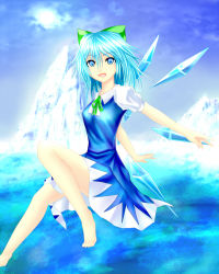 Rule 34 | 1girl, arched back, arms behind back, bad id, bad pixiv id, bare legs, barefoot, blue eyes, blue hair, blue sky, bow, cirno, cloud, dress, el (el406), flying, hair bow, knee up, looking at viewer, matching hair/eyes, mountain, open mouth, outstretched arms, puffy short sleeves, puffy sleeves, ribbon, short hair, short sleeves, sky, solo, sun, touhou, water, wings