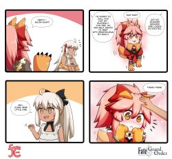 Rule 34 | 4girls, :&lt;, :3, ^^^, ahoge, animal ear fluff, animal ears, animal hands, bell, black bow, black scarf, bow, breasts, cat paws, cleavage, collar, dark-skinned female, dark skin, english text, excited, fate/grand order, fate (series), fox ears, fox girl, fox tail, gloves, hair bow, headpat, highres, jingle bell, keita naruzawa, long hair, medium breasts, miniskirt, multiple girls, neck bell, okita souji (fate), okita souji alter (fate), okita souji alter (swimsuit saber) (fate), okita souji alter (swimsuit saber) (second ascension) (fate), paw gloves, paw shoes, pink hair, ponytail, rengoku (second ascension) (fate), scarf, shoes, skirt, speech bubble, tail, tamamo (fate), tamamo cat (fate), tamamo cat (first ascension) (fate), tamamo cat (second ascension) (fate), white eyes, white hair, yellow eyes