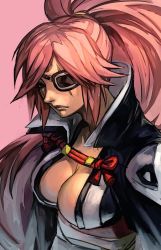 Rule 34 | 1girl, arc system works, baiken, breasts, cleavage, eyepatch, guilty gear, guilty gear xrd, hungry clicker, japanese clothes, kimono, large breasts, long hair, one-eyed, open clothes, open kimono, pink eyes, pink hair, ponytail, samurai, scar, scar across eye, scar on face, simple background, solo, tattoo