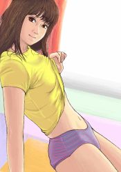 Rule 34 | 1girl, arm support, bad id, bad pixiv id, brown hair, clothes lift, looking at viewer, lowres, navel, original, panties, shirt lift, solo, striped clothes, striped panties, tondabayashi, underwear