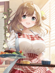 Rule 34 | 1girl, :d, apron, blurry, blurry background, blush, bowl, breasts, brown hair, collarbone, cup, food, green eyes, hair ornament, highres, holding, holding bowl, holding plate, holding tray, indoors, kimishima ao, large breasts, looking at viewer, medium hair, open mouth, original, plaid, plaid apron, plate, rice, saucer, short sleeves, smile, solo, solo focus, steam, tea, teacup, tray, waistband
