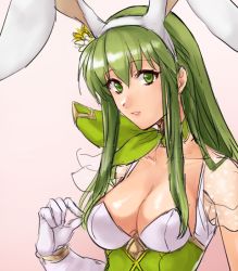 Rule 34 | 1girl, animal ears, breasts, cleavage, fake animal ears, fire emblem, fire emblem: mystery of the emblem, fire emblem: shadow dragon, fire emblem heroes, flower, gloves, green eyes, green hair, hair between eyes, hair flower, hair ornament, hairband, hazuki (nyorosuke), leotard, lips, long hair, looking at viewer, medium breasts, nintendo, palla (fire emblem), parted lips, pink background, playboy bunny, rabbit ears, simple background, sketch, sleeveless, smile, solo, straight hair, upper body, white gloves
