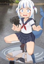 Rule 34 | 1girl, absurdres, blue eyes, blue hair, blue sailor collar, blue skirt, blush, brown footwear, cellphone, embarrassed, fins, fish tail, gawr gura, grey hair, hair ornament, highres, hololive, hololive english, kneehighs, looking at viewer, ludo0109, medium hair, multicolored hair, neckerchief, notice lines, outdoors, panties, phone, pleated skirt, puddle, red neckerchief, reflection, reflective water, sailor collar, school uniform, serafuku, shark girl, shark hair ornament, shark tail, sharp teeth, shirt, shoes, skirt, smartphone, socks, solo, squatting, streaked hair, t-shirt, tail, tearing up, tears, teeth, two side up, underwear, upskirt, virtual youtuber, white panties, white shirt, white socks, wide-eyed