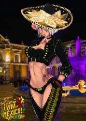 Rule 34 | 1girl, angel (kof), black gloves, breasts, chaps, cleavage, cowboy shot, gloves, hat, highres, mariachi, mexico, revealing clothes, short hair, smile, the king of fighters