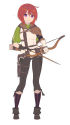 Rule 34 | 1girl, absurdres, arrow (projectile), boots, bow, bow (weapon), brown footwear, brown pants, capelet, closed mouth, contrapposto, enkyo yuuichirou, full body, gloves, highres, holding, holding bow (weapon), holding weapon, knife, leg strap, looking at viewer, original, pants, partially fingerless gloves, pouch, purple eyes, quiver, red hair, scabbard, sheath, short hair, simple background, smile, socks, solo, striped clothes, striped socks, thigh strap, weapon, white background, white gloves