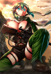 Rule 34 | 10s, 1girl, alternate breast size, anti-materiel rifle, blue eyes, bolt action, breasts, chaps, cleavage, fingerless gloves, gloves, green hair, gun, highres, huge breasts, inago, large breasts, pgm hecate ii, rifle, short hair, short shorts, shorts, sinon, sniper rifle, squatting, sword art online, thighs, weapon