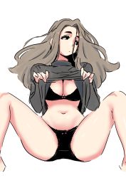 Rule 34 | bad id, bad pixiv id, barefoot, black bra, black panties, bow, bow panties, bra, breasts, brown hair, cleavage, clothes lift, dress, feet out of frame, grey sweater, lace, lace-trimmed dress, lace-trimmed panties, lace trim, large breasts, lifted by self, long hair, looking away, narrow waist, navel, original, panties, royal tea, solo, spread legs, sweater, sweater lift, thick eyebrows, turtleneck, turtleneck sweater, underwear, white background
