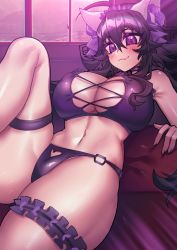 Rule 34 | 1girl, absurdres, ahoge, animal ears, bikini, blush, breasts, cat ears, cleavage, cleavage cutout, clothing cutout, crawling dreams, curvy, fang, fangs, heart cutout, highres, huge breasts, bridal garter, long hair, looking at viewer, lying, meme attire, nyarla (osiimi), on back, osiimi, pale skin, purple eyes, purple hair, purple theme, skin fang, swimsuit, thick thighs, thigh strap, thighlet, thighs, wide hips, window