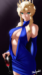 Rule 34 | 1girl, aqua eyes, artoria pendragon (fate), artoria pendragon (lancer) (fate), bare shoulders, blonde hair, braid, breasts, bridal gauntlets, center opening, cleavage, collarbone, crown, cup, drinking glass, fate/grand order, fate (series), french braid, halterneck, highres, large breasts, looking at viewer, sidelocks, signature, solo, wine glass, zealyush