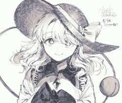 Rule 34 | 1girl, buttons, closed mouth, commentary request, dated, diamond button, frilled sleeves, frills, greyscale, hat, hat ribbon, komeiji koishi, long hair, long sleeves, looking at viewer, monochrome, ribbon, shirt, signature, simple background, smile, solo, straight-on, third eye, touhou, upper body, wadante