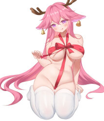 Rule 34 | 1girl, :q, alternate costume, animal ears, antlers, bell, bow, breasts, cameltoe, christmas, cleft of venus, covered erect nipples, covered navel, earrings, floppy ears, fox ears, genshin impact, groin, hair between eyes, hand on own foot, hand up, highres, holding, horns, jewelry, large breasts, long hair, looking at viewer, naked ribbon, no shoes, nude, pink hair, purple eyes, red bow, red ribbon, ribbon, seiza, sidelocks, simple background, sitting, solo, stomach, thighhighs, thighs, tongue, tongue out, very long hair, white background, white thighhighs, yae miko, zzo (chorizzzzo)