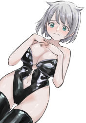 Rule 34 | 1girl, aqua eyes, argyle, argyle clothes, argyle cutout, asakeno, azusa mifuyu, black leotard, black thighhighs, blush, closed eyes, clothing cutout, cowboy shot, dutch angle, embarrassed, gluteal fold, grey hair, hair horns, hands up, highres, leotard, looking down, magia record: mahou shoujo madoka magica gaiden, mahou shoujo madoka magica, navel, navel cutout, own hands together, short hair, simple background, solo, strapless, strapless leotard, swept bangs, thighhighs, white background