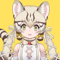 Rule 34 | 1girl, animal costume, animal ears, bow, bowtie, cat ears, cat girl, cat tail, geoffroy&#039;s cat (kemono friends), green eyes, grey hair, kemono friends, kemono friends v project, long hair, looking at viewer, microphone, official art, open mouth, ribbon, shirt, simple background, smile, solo, tail, twintails, virtual youtuber, yoshizaki mine