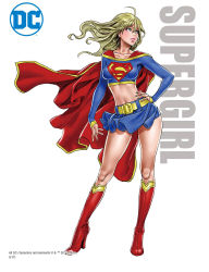 Rule 34 | 1girl, belt, blonde hair, boots, breasts, cape, character name, clothes lift, copyright notice, dc comics, fingernails, floating hair, full body, hand on own hip, high heel boots, high heels, highres, logo, long fingernails, long hair, long sleeves, looking away, midriff, simple background, skirt, standing, supergirl, superhero costume, thighs, white background, yamashita shun&#039;ya