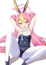 Rule 34 | + +, absurdres, animal ears, arms behind back, black leotard, blue archive, blue necktie, detached collar, fake animal ears, fang, halo, highres, komasi, koyuki (blue archive), koyuki (bunny) (blue archive), leotard, necktie, pantyhose, pink eyes, pink hair, playboy bunny, rabbit ears, strapless, strapless leotard, twintails, white pantyhose