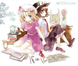 Rule 34 | 2girls, bad id, bad twitter id, basket, blonde hair, book, bow, brown eyes, brown hair, cierra (ra-bit), clock, flower, frilled skirt, frills, hat, hat bow, holding hands, looking at viewer, map, maribel hearn, mary janes, mob cap, multiple girls, necktie, open book, open mouth, pen, profile, puffy sleeves, purple eyes, ra-bit, shirt, shoes, short hair, short sleeves, simple background, sitting, skirt, skirt set, smile, socks, text focus, touhou, usami renko, vest, white background, white legwear, white shirt