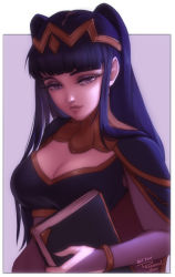 Rule 34 | 1girl, blue hair, blunt bangs, book, border, breasts, bridal gauntlets, cleavage, cleavage cutout, closed mouth, clothing cutout, diadem, fire emblem, fire emblem awakening, holding, holding book, light smile, long hair, looking at viewer, medium breasts, nintendo, personal ami, purple eyes, signature, smile, solo, tharja (fire emblem), two side up, upper body, white border