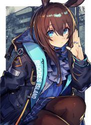 Rule 34 | 1girl, amiya (arknights), animal ears, arknights, blue eyes, blue skirt, brown hair, brown pantyhose, commentary, highres, jacket, jewelry, long hair, long sleeves, looking at viewer, mephisto (angraecum), pantyhose, pleated skirt, rabbit ears, ring, sitting, skirt, solo, symbol-only commentary, thumb ring