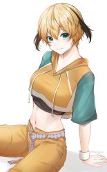 Rule 34 | 1girl, belt, blonde hair, carrot (robosquat), crop top, fate/grand order, fate (series), gareth (fate), green eyes, hair between eyes, highres, midriff, navel, simple background, sitting, solo, twitter username, white background, wristband
