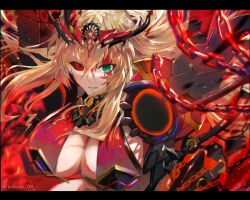 Rule 34 | 1girl, armor, barghest (fate), barghest (third ascension) (fate), black leotard, black sclera, blonde hair, blood, blood on face, breasts, center opening, chain, cleavage, colored sclera, fate/grand order, fate (series), faulds, gauntlets, green eyes, heterochromia, highleg, highleg leotard, highres, horns, large breasts, leotard, long hair, looking at viewer, minoe08, pauldrons, red eyes, red leotard, shoulder armor, solo