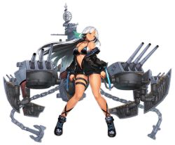 Rule 34 | 1girl, anchor, azur lane, belt, bikini, bikini top only, bikini under clothes, black hair, black jacket, breasts, brown eyes, chain, cleavage, copyright name, dark-skinned female, dark skin, enka (bcat), full body, jacket, large breasts, long hair, long sleeves, looking at viewer, machinery, massachusetts (azur lane), multicolored hair, native american, official art, open clothes, short shorts, shorts, silver hair, solo, swimsuit, swimsuit under clothes, tan, thigh strap, transparent background, turret, unbuttoned, unzipped, zipper