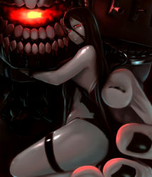 Rule 34 | 10s, 1girl, abyssal ship, battleship princess, black hair, black nails, cannon, colored skin, double jaw, grey skin, hair between eyes, highres, holding another in hands, horns, hug, huge hands, kantai collection, lips, long hair, looking at viewer, nail polish, red eyes, skin-covered horns, solo, teeth, thigh strap, thighs, torn clothes, turret, very long hair, wristband, yamashita tomu