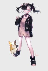 Rule 34 | 1girl, ankle boots, asymmetrical bangs, backpack, bag, bare legs, black choker, black footwear, black hair, black jacket, black nails, boots, choker, closed mouth, commentary request, creatures (company), dress, dusk ball, earrings, floating hair, full body, game freak, gen 8 pokemon, green eyes, hair ribbon, high heel boots, high heels, holding, holding poke ball, jacket, jewelry, kedouin kororu, long sleeves, looking at viewer, marnie (pokemon), medium hair, morpeko, nail polish, nintendo, open clothes, open jacket, pink dress, pointy footwear, poke ball, pokemon, pokemon (creature), pokemon swsh, red ribbon, ribbon, signature, simple background, sleeves past wrists, solo focus, standing, twintails, white background