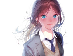 Rule 34 | 1girl, arms at sides, blazer, blue eyes, blue necktie, blush, brown hair, brown sweater, close-up, closed mouth, collared shirt, crying, crying with eyes open, dress shirt, expressionless, eyelashes, flat chest, floating hair, flying teardrops, furrowed brow, hami yura, jacket, lips, long hair, looking at viewer, necktie, original, sad, school uniform, shaded face, shirt, simple background, solo, straight hair, sweater, sweater vest, tears, uniform, upper body, white background, white shirt, wide-eyed