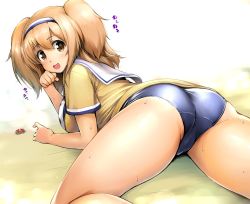 Rule 34 | 10s, 1girl, :d, ass, breasts, brown eyes, hairband, huge ass, i-26 (kancolle), kantai collection, large breasts, light brown hair, long hair, looking at viewer, looking back, new school swimsuit, open clothes, open mouth, plump, sailor collar, school swimsuit, shinozuka jouji, short sleeves, smile, solo, swimsuit, swimsuit under clothes, thighs, two-tone hairband, two side up