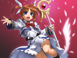 00s 1girl barrier_jacket black_socks blue_eyes bow brown_hair chyko dress female_focus gradient_background hair_bow hair_ribbon legs lyrical_nanoha mahou_shoujo_lyrical_nanoha open_mouth panties purple_eyes raising_heart ribbon socks solo staff takamachi_nanoha twintails underwear